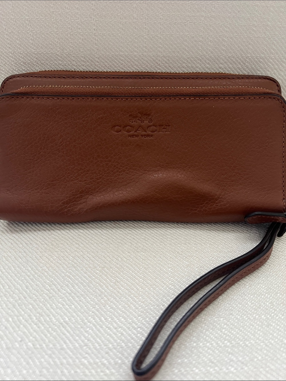 COACH Brown Pebble Leather Wristlet Clutch